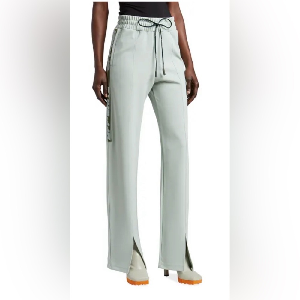 Off-White brand side tape logo front slit track pants mint green small